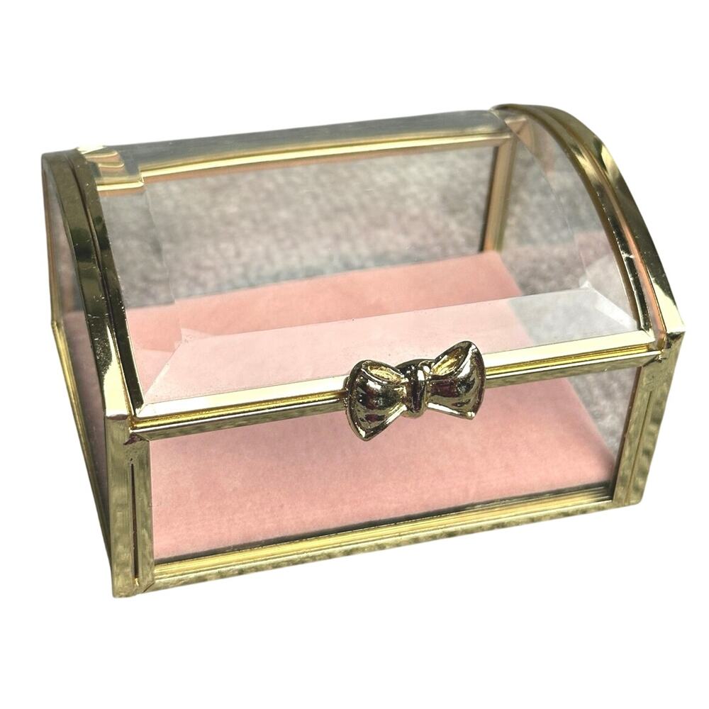 Rachel Ashwell gold glass jewelry box trinket box pink velvet gold bow coquette